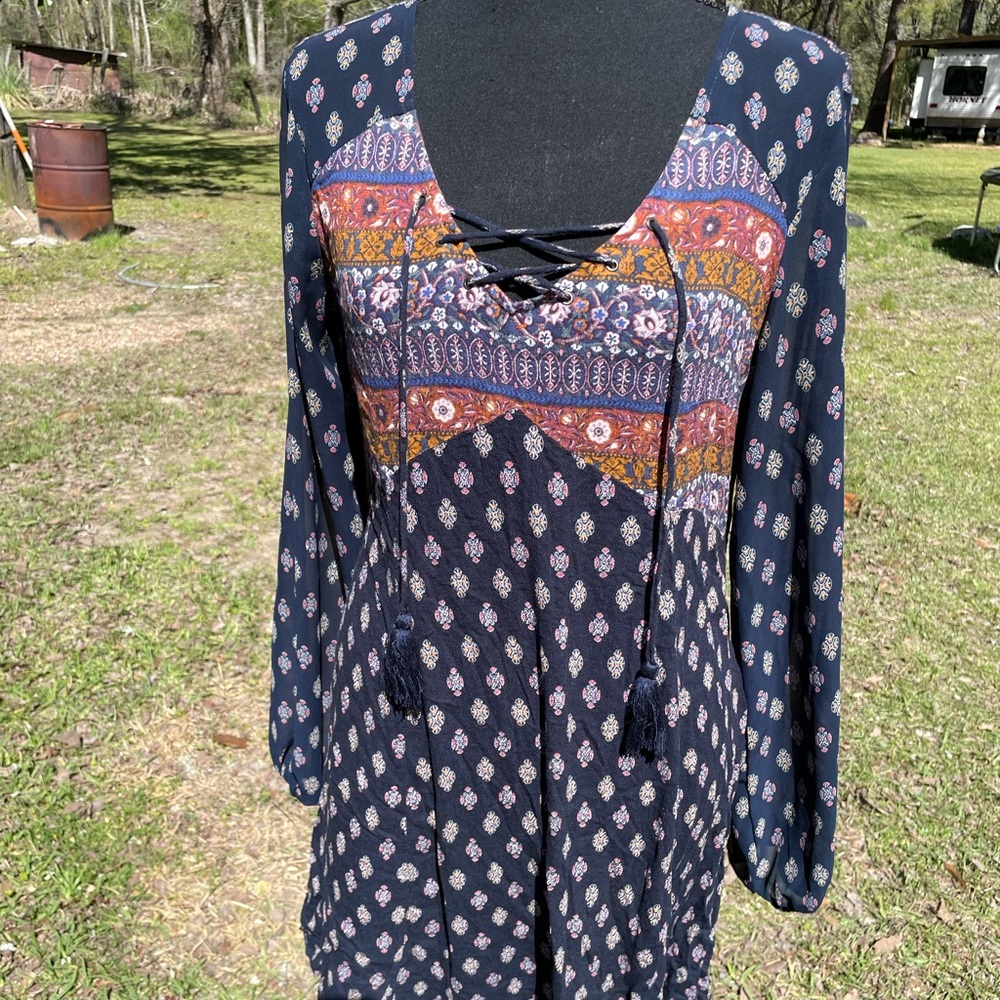 Bohemian Long Sleeve Dress with Lace-Up Front